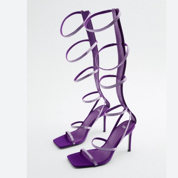 NWT ZARA PURPLE HIGH HEEL SHINY RHINESTONE STRAPS SANDALS GLADIATOR SHOES - Picture 5 of 10